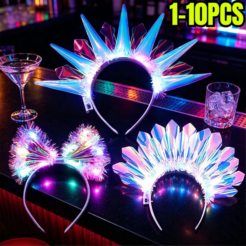 1-10PCS Light Up Crown Headband with Bow Flashing LED Tiara Hair Accessory for Cosplay Halloween Christmas Wedding Party Favor