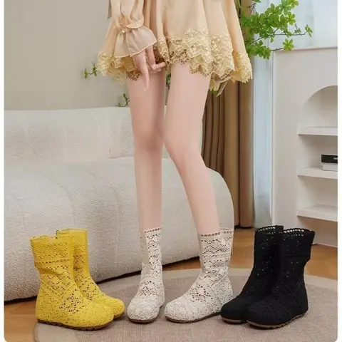 2026 new shoes lace hollow crochet boots XL hollow fashion women's boots Beef tendon base Crochet summer breathable boots