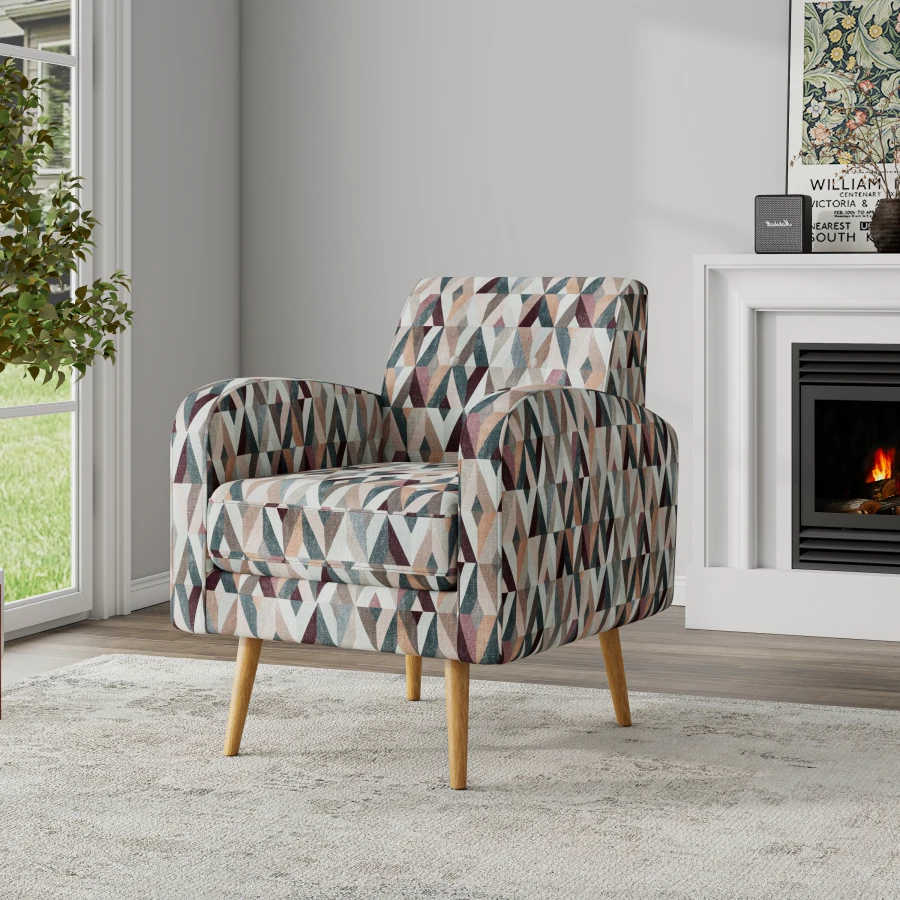 Darien Accent Arm Chair in Red and Tan Prism Pattern with Natural Solid Wood Legs For Living, Dining Rooms