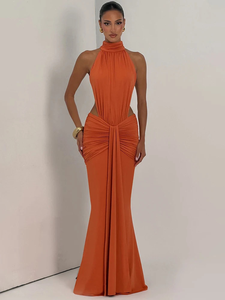 Mozision Rollkragen Rückenfreies Sexy Maxikleid Damen Abendkleid Elegant Schulterfreies Ärmelloses Gerafftes Bodycon Club Party Langes Kleid