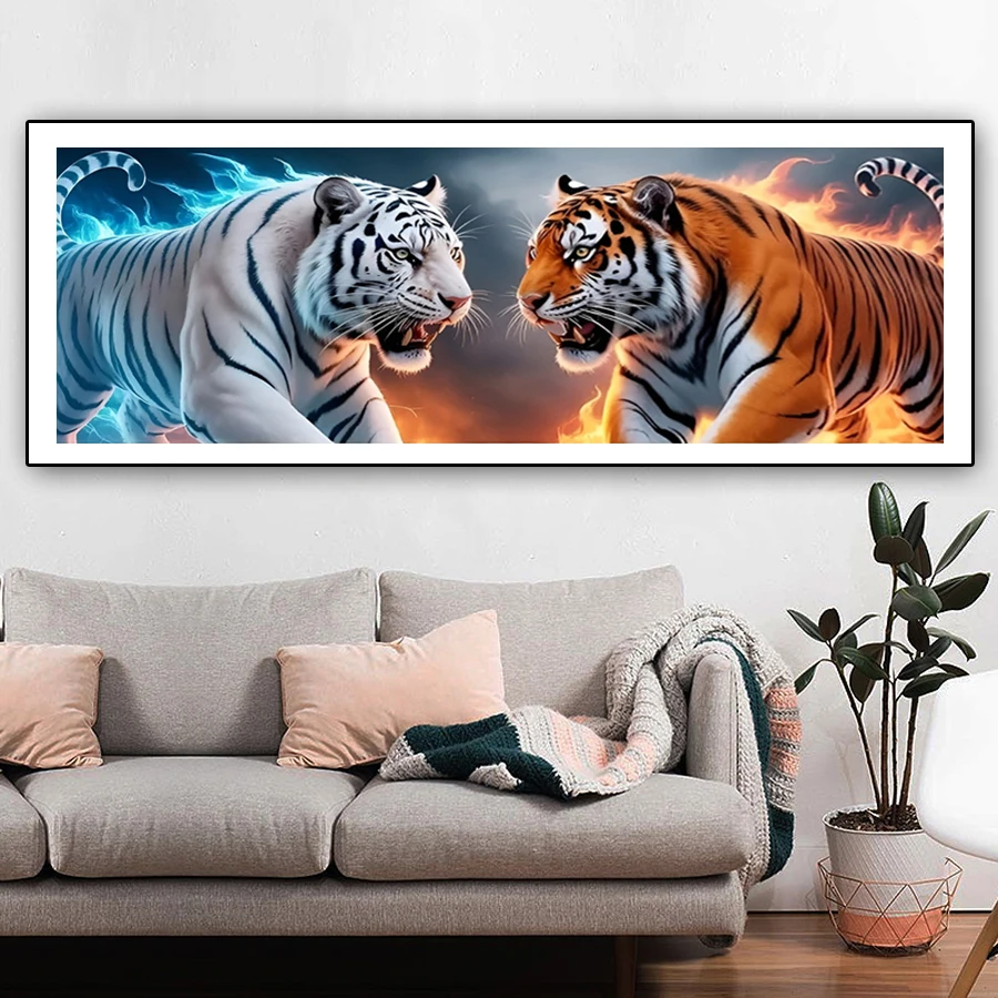 Diy Diamond Art Painting Kit Extra Large Size Ice-Fire Tiger Full Drill Mosaic Embroidery Animal Picture Wall Decor Frameless