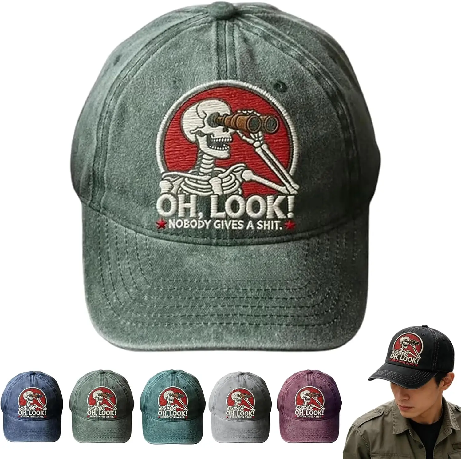 Oh Look Nobody Gives a Shit Hat for Men Women, Vintage Embroidered Skeleton Scout Baseball Cap Dad Cap for Outdoor Fishing