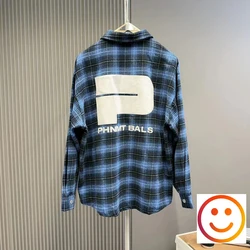 Foam Letter Print Plaid Blue Green Shirt Metal Button Autumn New Trendy Vintage Shirts Retro Casual Loose Fit Shirt Men Women