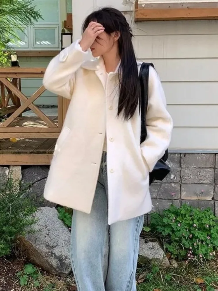 

Thiened Winter Woolen Coat Women's Sli Commute Sle Versatile Pure Color Warm Coat Tied Waist Design Spring Autumn Winter