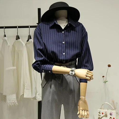 Imagen 2 del producto Camisas Retro a rayas para mujer, blusa informal de manga larga para Oficina Coreana, Tops con cuello vuelto y botones que combinan con todo, otoño