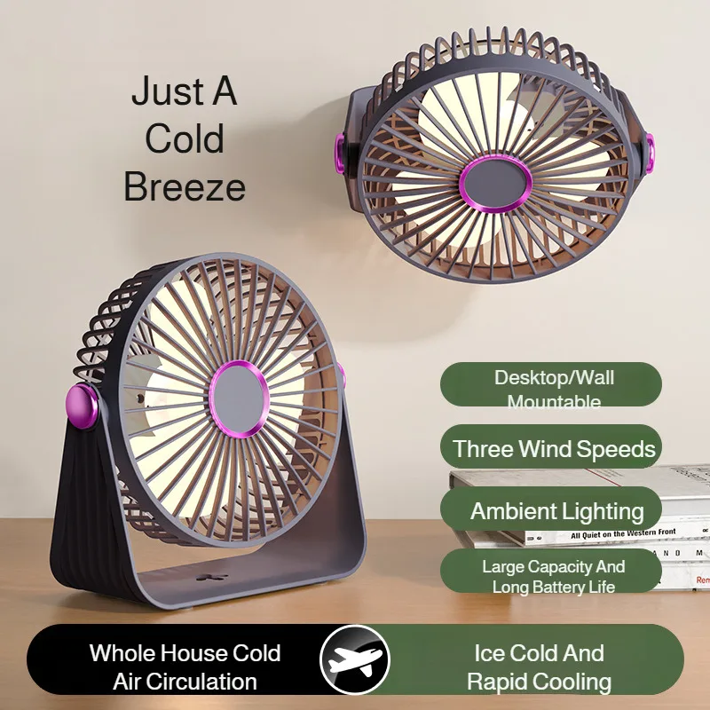 

Wall Mountable U-shaped Desktop Circulation Fan USB Rechargeable 3 Speed Quiet Cooling Fan with LED Light for Home Office