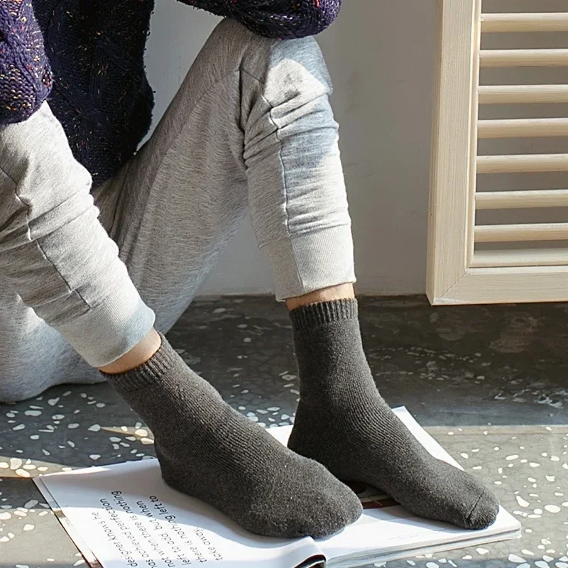 Retro Classic Business Men Winter Thick Sock 5Pairs Solid Color Heat Retain Warm Thermal Socks Soft Cozy Male Office Casual Sock