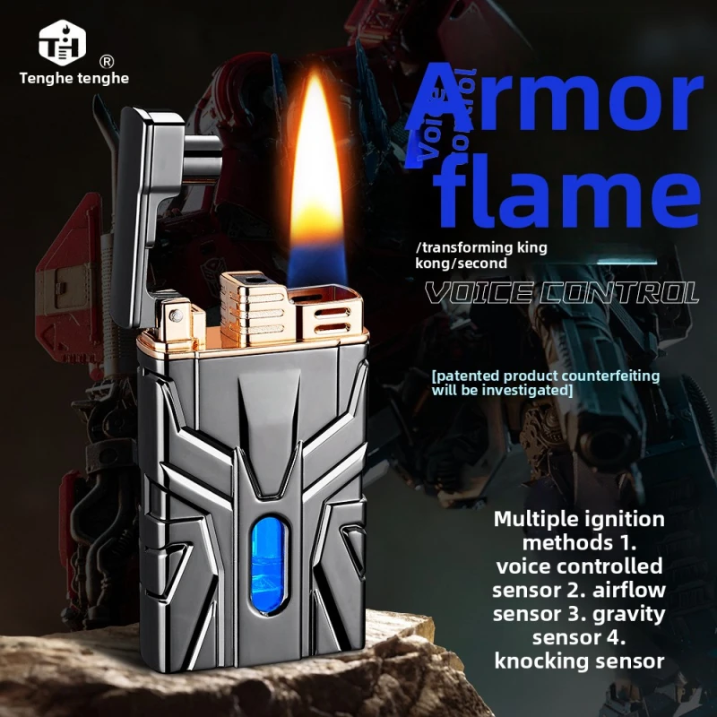 

New Mech Style Voice Control Transparent Fuel Tank Lighter Metal 4 Ignition Ways Gift For Boyfriend