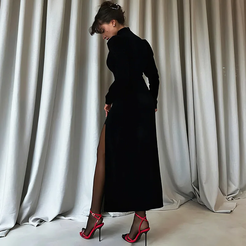 Ticketsx فستان مثير بفتحات واسعة وأكمام طويلة مزين بياقة واقفة فستان نحيل للنساء للخريف فستان سهرة فاخر للحفلات