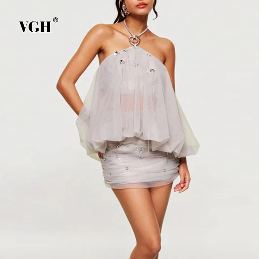 

VGH Sexy Spliced Diamonds Solid Two Piece Sets For Women Square Collar Sleeveless Backless Top High Waist Skirt Chic Set Female