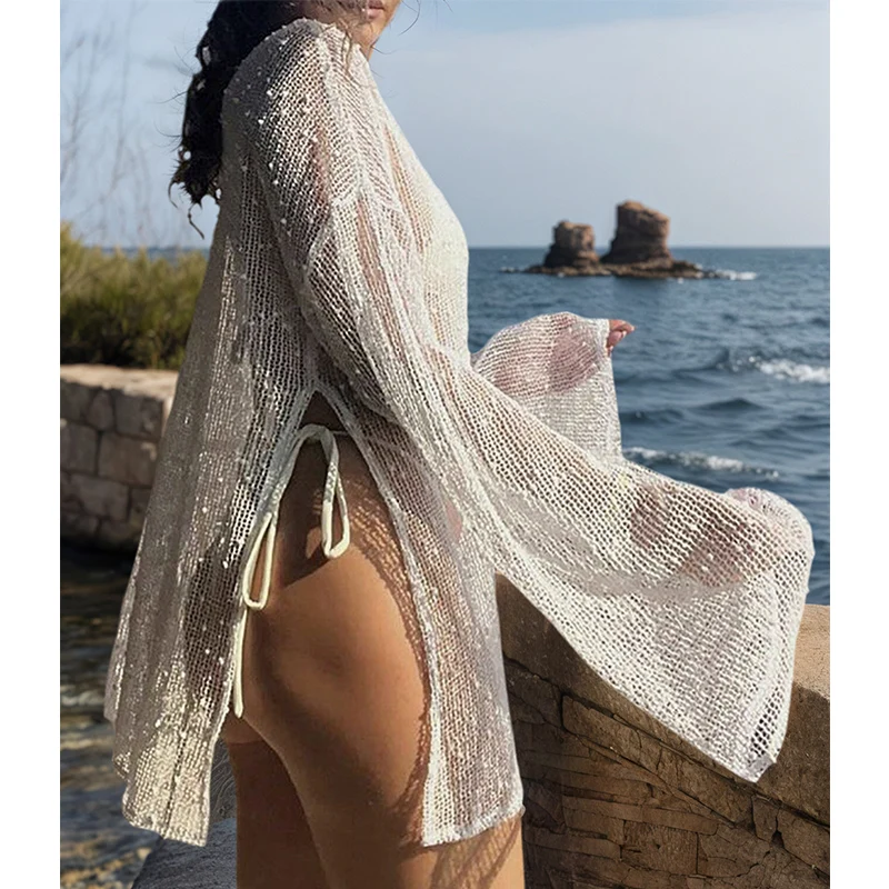 Pure Color Hollow Out Side Slit Top,Casual Loose Fit Long Sleeve Beach Cover-Up,Vacation Style,Plain Pattern,Fashion Beachwear