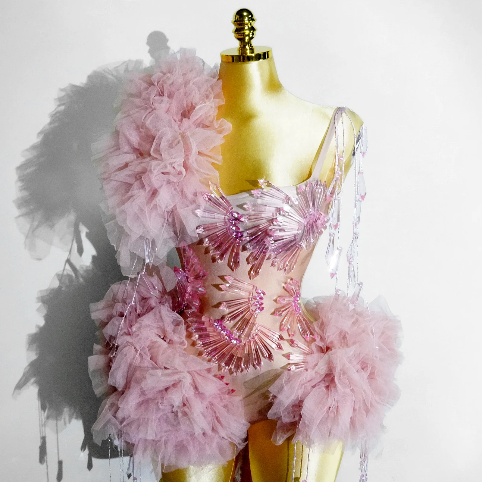 Sexy Pink Crystal Mesh Bodysuit Latin Dance Prom Girls Clothes Birthday Party Nightclub Stage Wear Performance Drag Queen Outfit