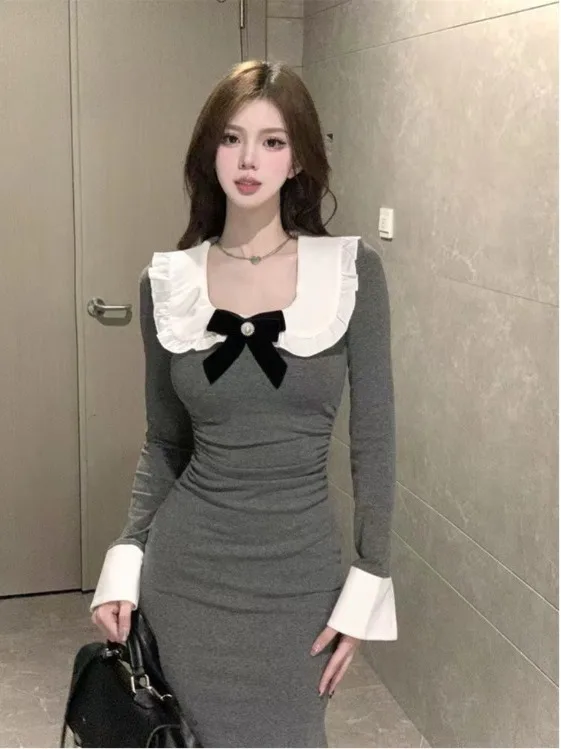 

Korean Style Long Sleeve Tunic Dress Women's High Waist Slim Fit Fish Tail Dress Spring Autumn Winter Fashion Elegant Doll Co...