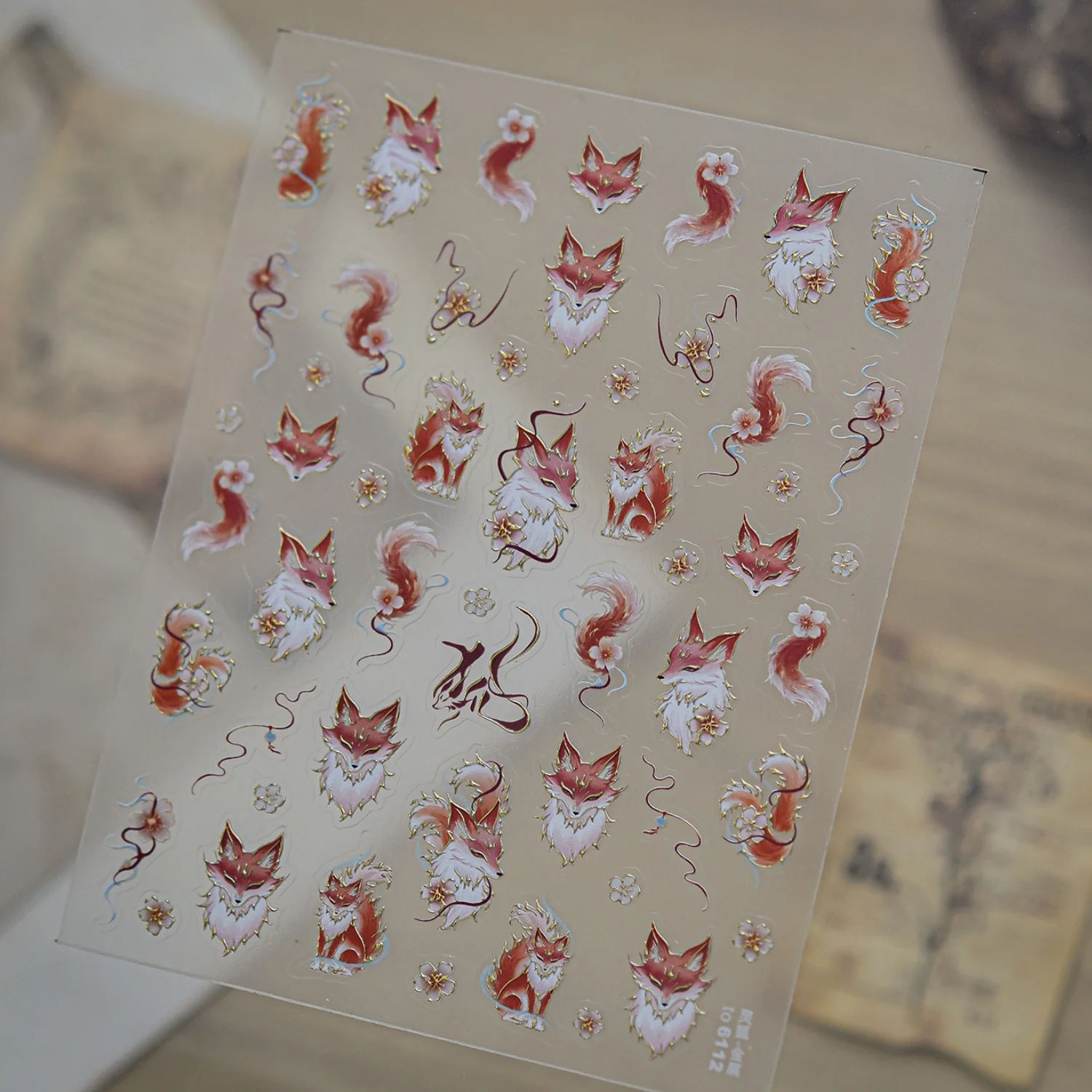 Ancient Chinese Myth Fox 5D Nail Art Stickers Hot Gold Foil Red White Gradient Hair Peach Blossom Cloud DIY Manicure Nail Decals