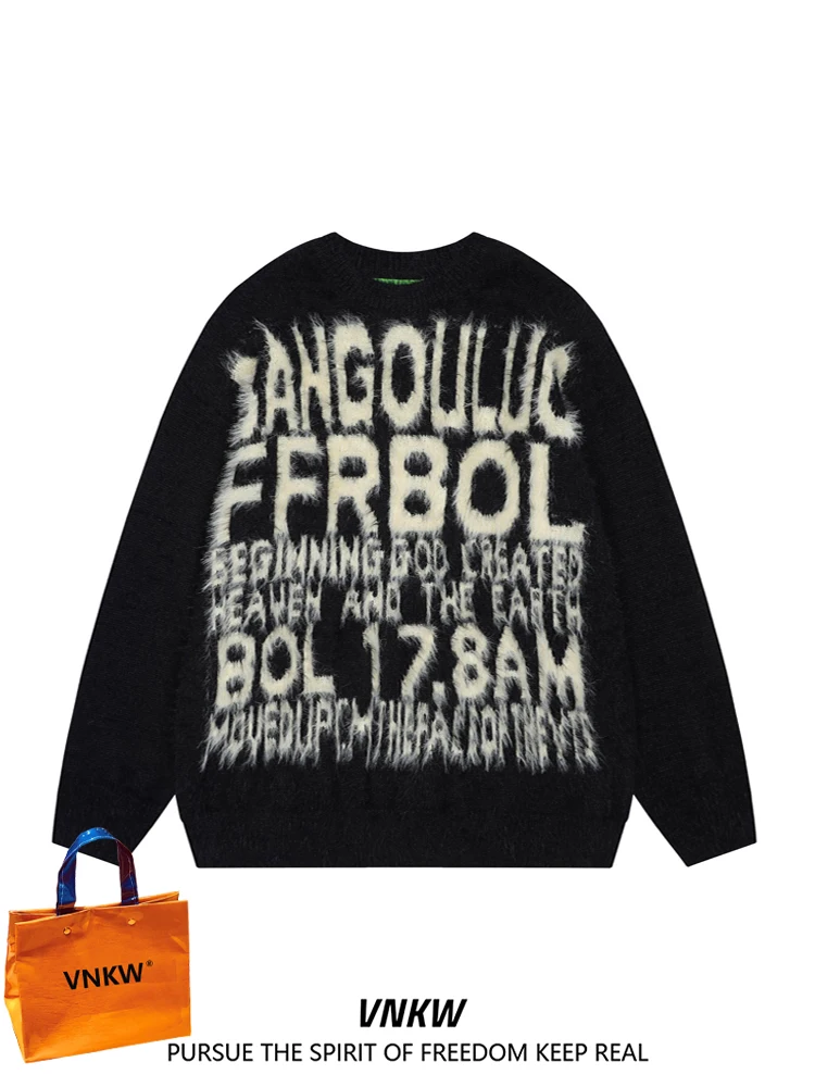 

Мужской свитер с американским принтом, осенне-зимний, свободный, в уличном стиле, вязаный, для пар, повседневный, модный