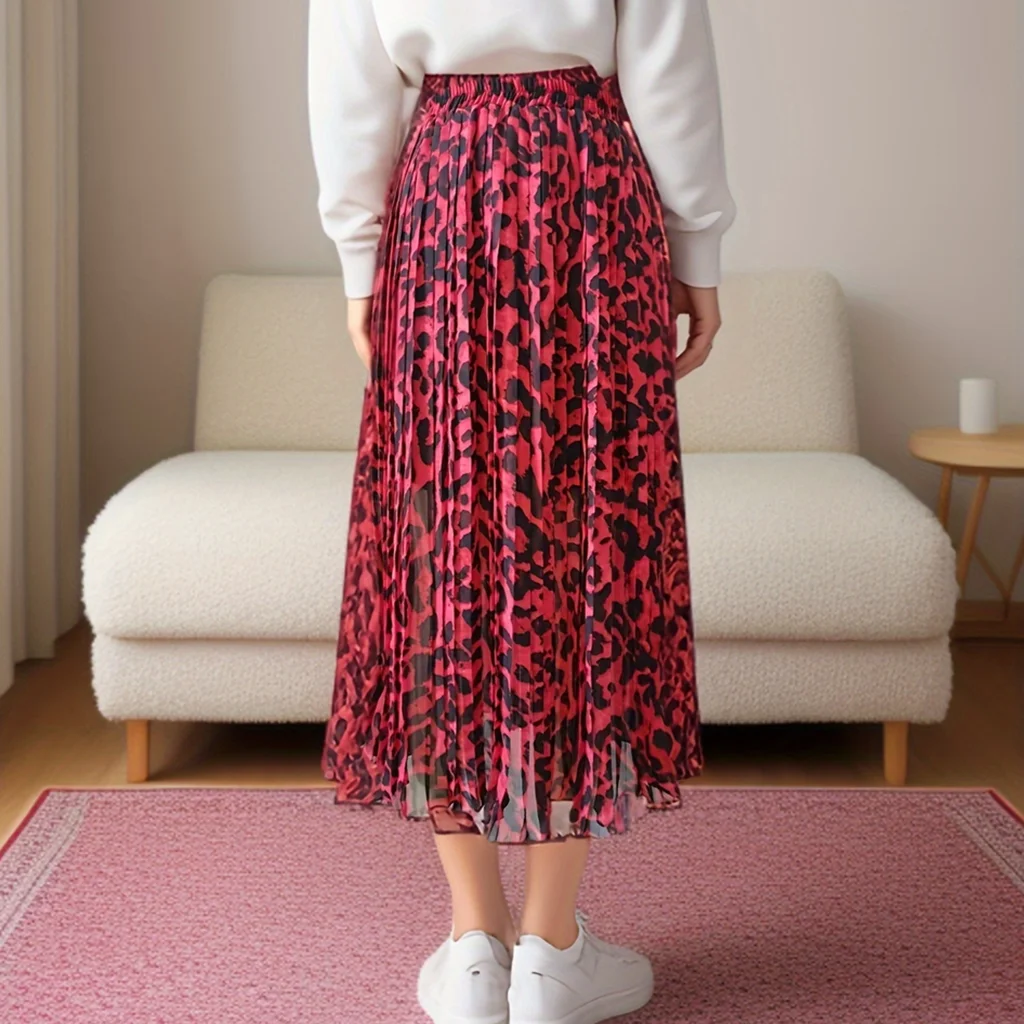 Leopard Pleated Long Skirt Women Vintage Elastic High Waisted A-Line Chiffon Beach Skirt Spring Summer Autumn 2025 New