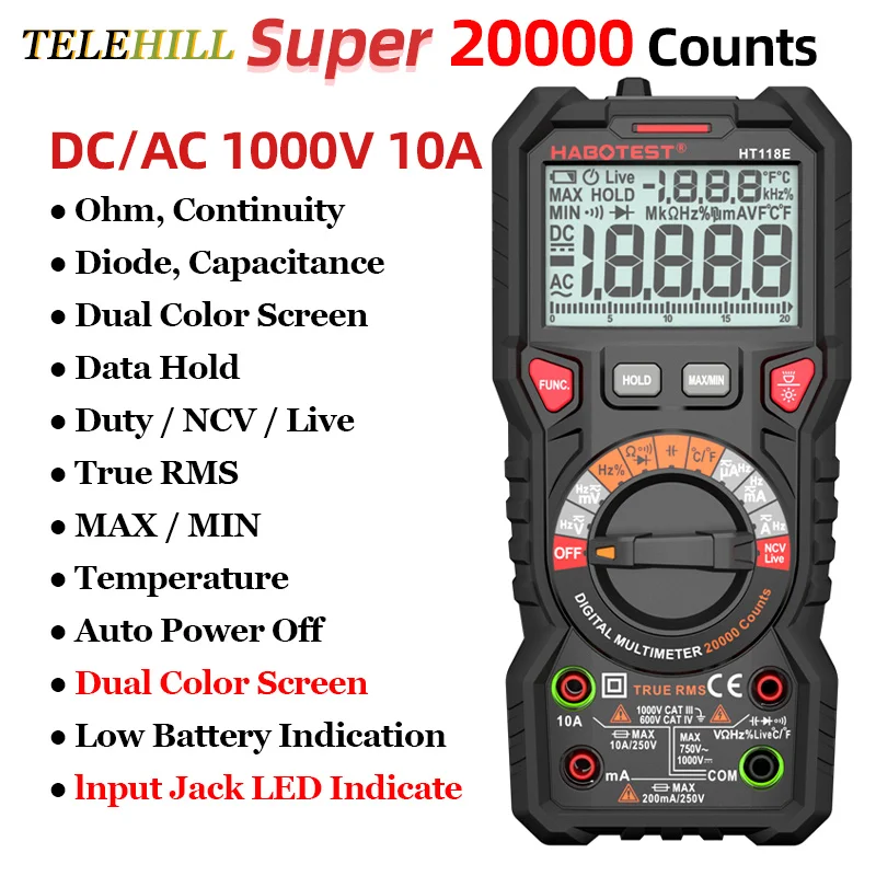 6000/20000 Counts Digital Multimeter Anti-Burn Temp Test AC DC 1000V 10A Tester Meter Ohm Hz Capacitance True RMS Multitester