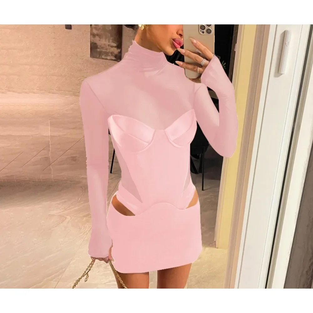 TWOTWINSTYLE Solid Spliced Mesh Slimming Dresses for Women High Neck Long Sleeve Slimming Hollow Out Dress Female