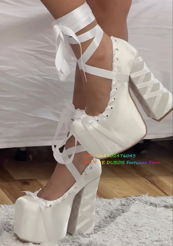 Lolita Sweet Tie Platform Thick Heel Single Shoes Girl Smooth Stain Ribbon Wrap Ballet Heels Ankle Strap Lace Up Bow Sandals