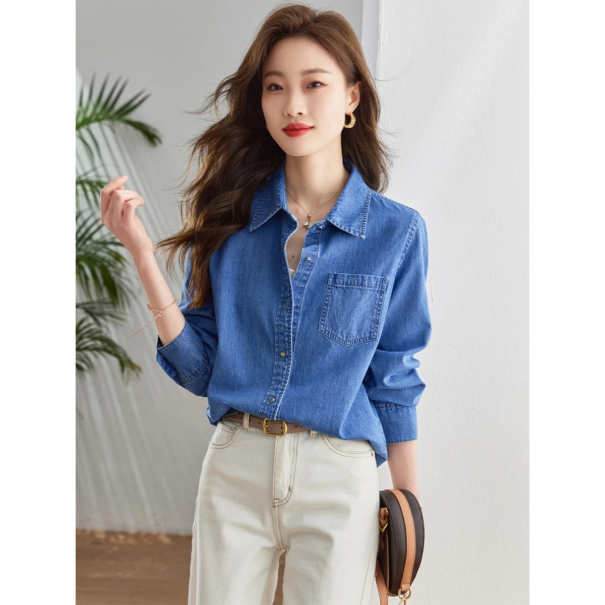 

VIMLY Women Elegant Denim Blue Shirts Vintage Turn-down Neck Pocket Female Blouses Long Sleeve Office Wear Woman Shirt V8780
