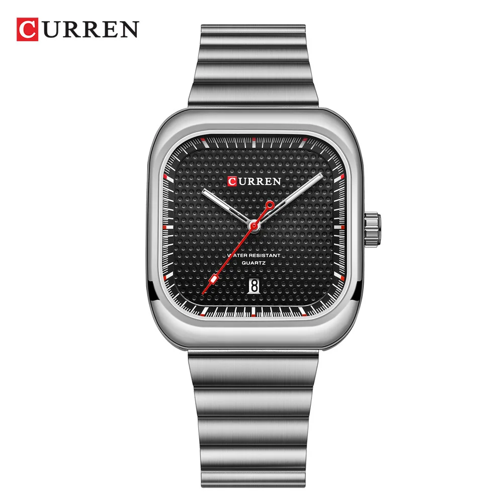 CURREN 8460 Square Men\'s Quartz Watch Fashion Casual Black Silvery Steel Strap Date Analog Display Wristwatch for Male Gift