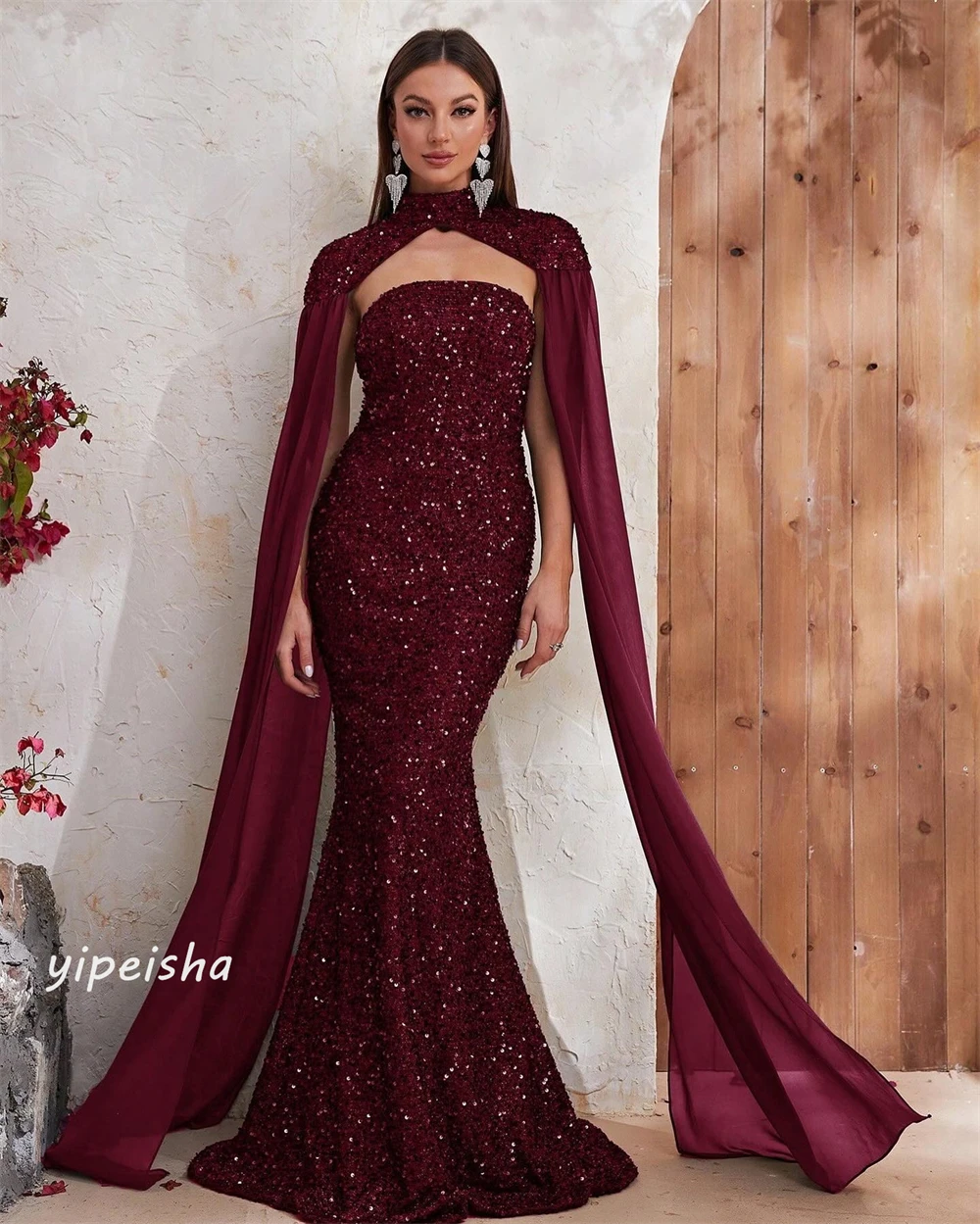 Sequin Draped Pleat Cocktail Party Mermaid High Collar Bespoke Occasion Gown Long Dresses