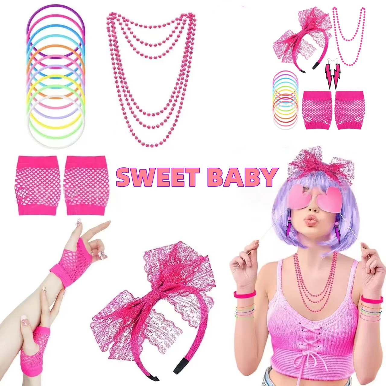 Adulto 80s festa traje conjunto 80s fantasia vestido acessórios feminino tutu saia neon fishnet luvas frisado colar pulseira brincos