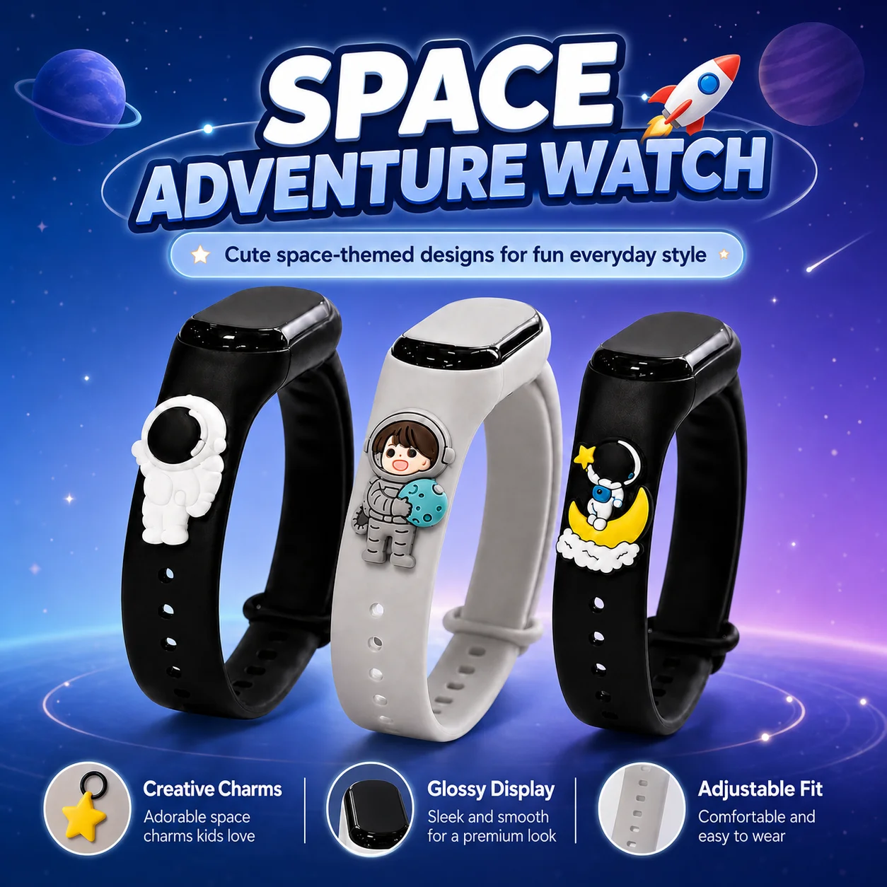 3Pcs Space-Themed Adjustable Kids' Watch Set with 3D Astronaut, Moon and Planet Charms, Soft Skin-Friendly Strap – A Fun-Filled