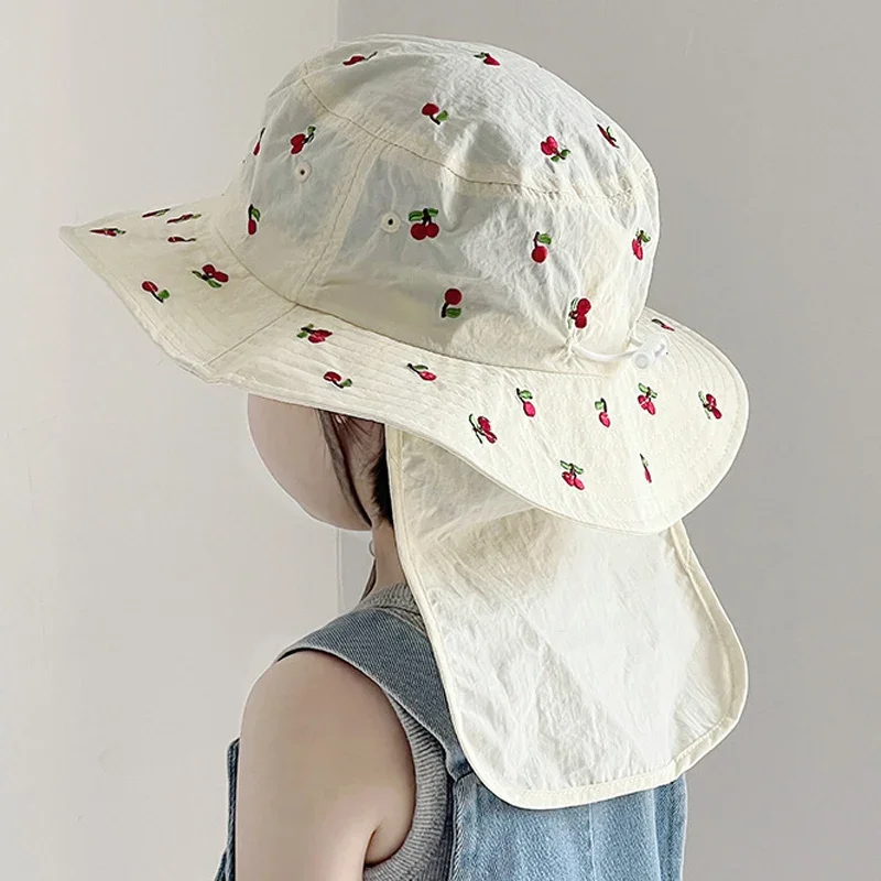 

Summer Baby Sun Hat Quick-dry Beach Children Panama Cap for Girls Boys Embroidery Cartoon Kids Bucket Hats Neck Protection 1-4Y