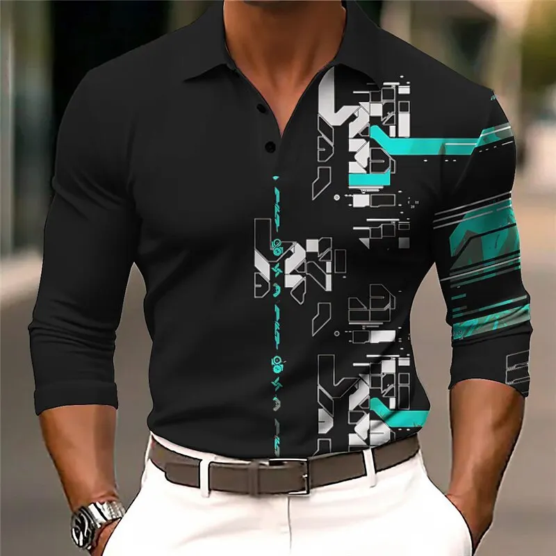 Youthful Vitality Men Fashion Button Polos T-Shirts Spring Autumn Long Sleeve 3D Print Street Tee 6XL Plus Size Casual POLO Tops