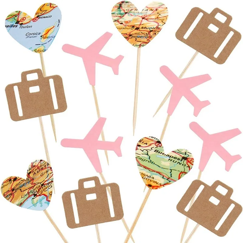 Reise-Cupcake-Topper, Flugzeugkarte, Herz, Reise-Kuchenaufsatz, Picks für Weltreisen, Mottoparty, Geburtstag, Babyparty, Hochzeit – Detail 3