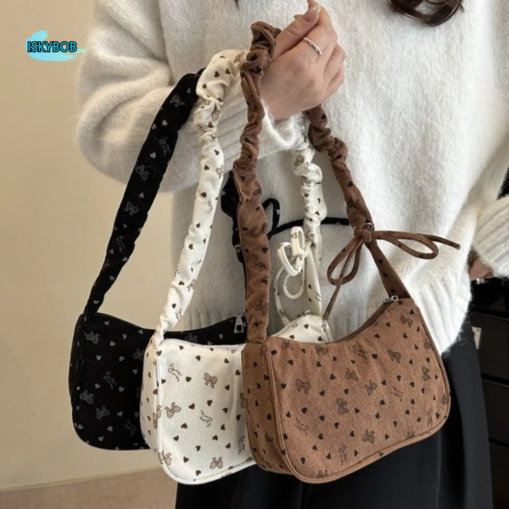 

Small Size Underarm Shoulder Bag Eco Cloth Bowknot Print Mini Corduroy Handbag Large Capacity Pleated Strap