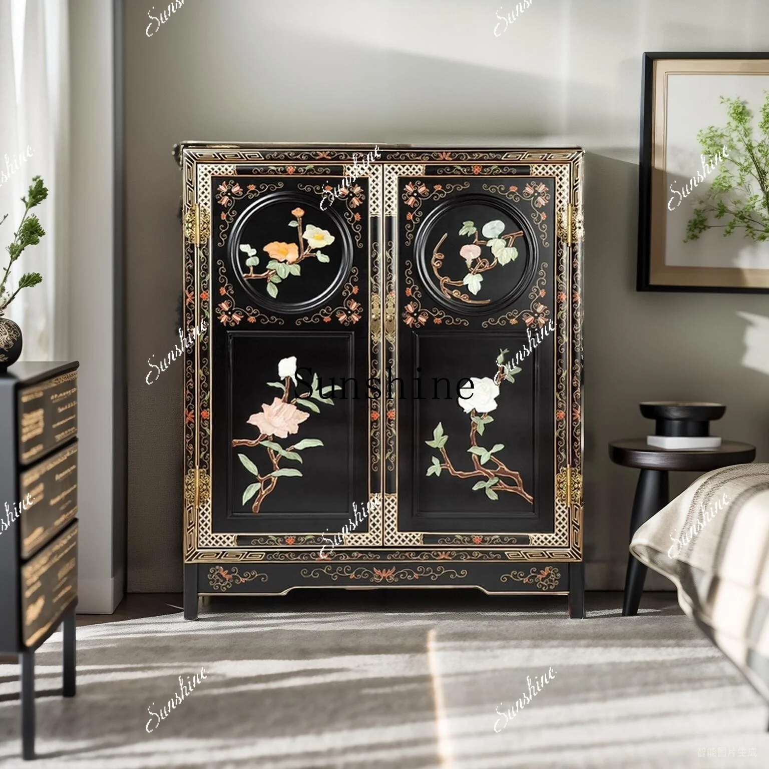

New Chinese traditional classical antique furniture black mahogany door cabinetP