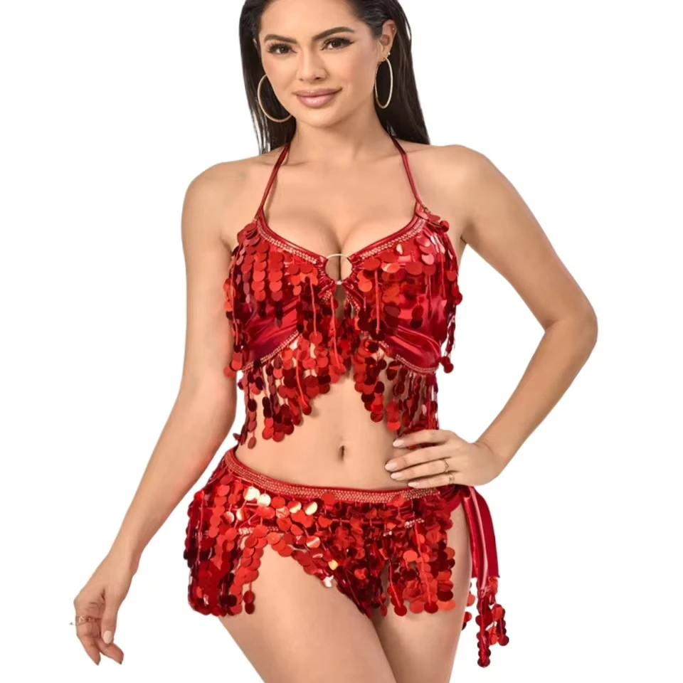 

New Belly Dance Waist Scarf Sequins Tassel Set Indian Dance Performance Waist Belt For Stage Practice Dancing Accessory