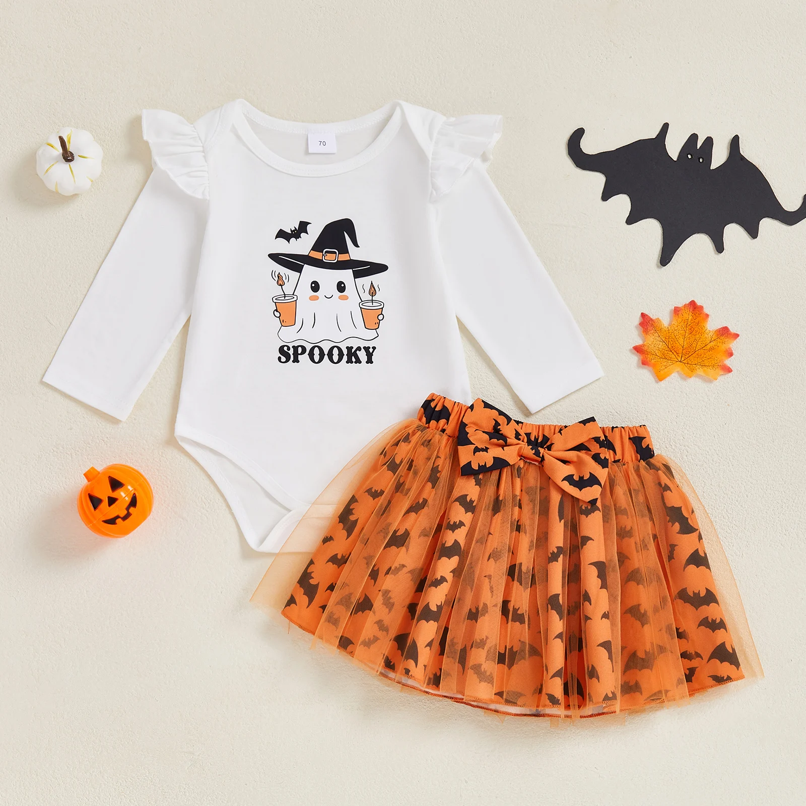 

Baby Girl Halloween Outfit Pumpkin Letter Print Ruffle Long Sleeve Romper Bow Tulle Skirt Set