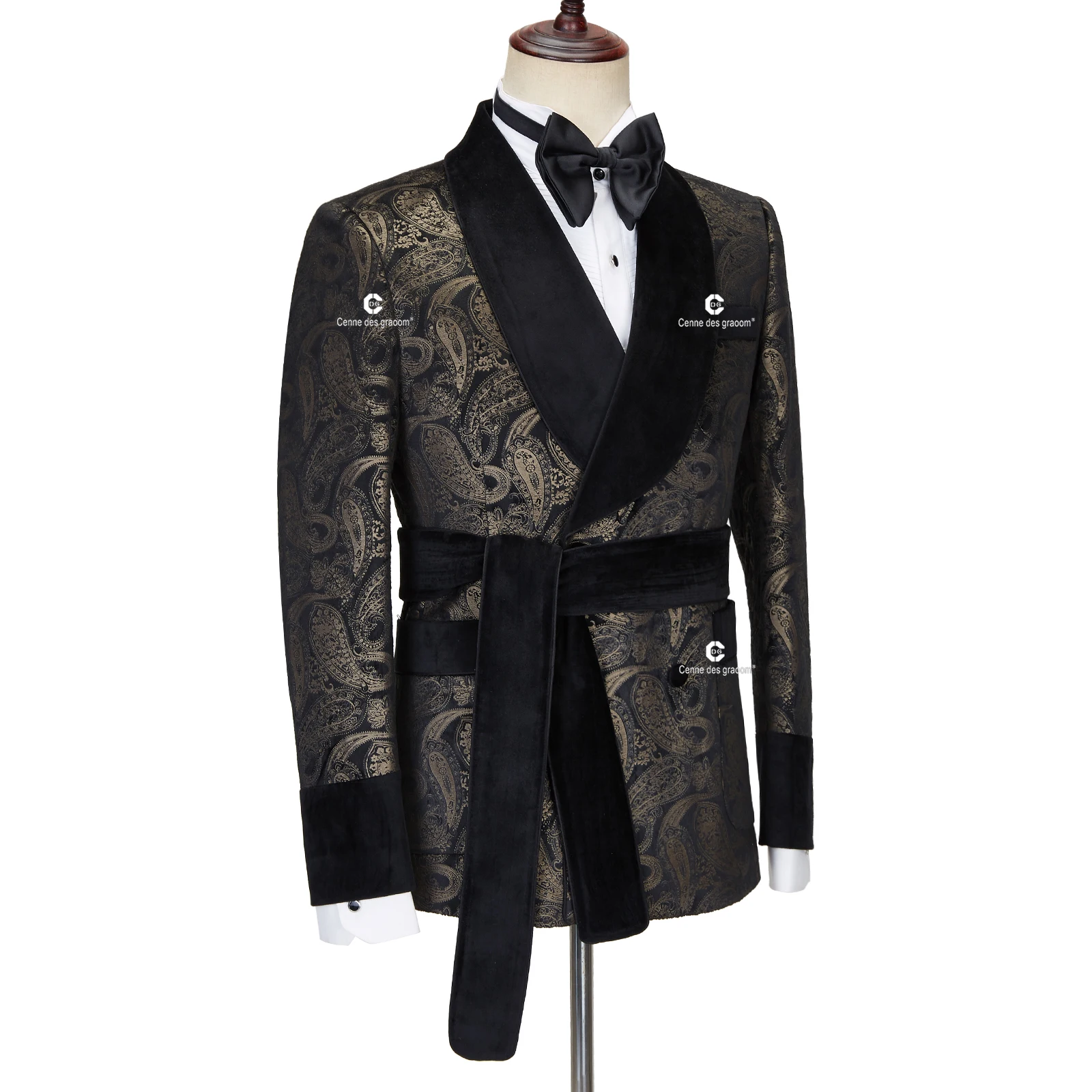 Cenne Des Graoom 2023 New Men\'s Suit Paisley Tuxedo For Wedding Double Breasted Shawl Velvet Lapel Jacket 2 Pieces With Belt