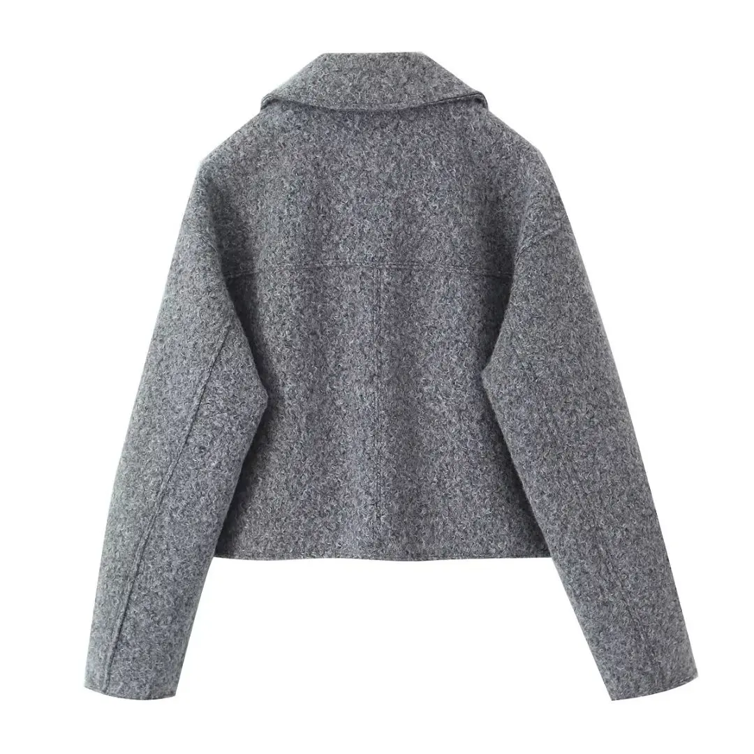 TRAF 2024 Tweed Cropped Jacket Women Grey Zip Oversize Jacket Woman Long Sleeve Casual Jackets for Women Streetwear Soft Coats