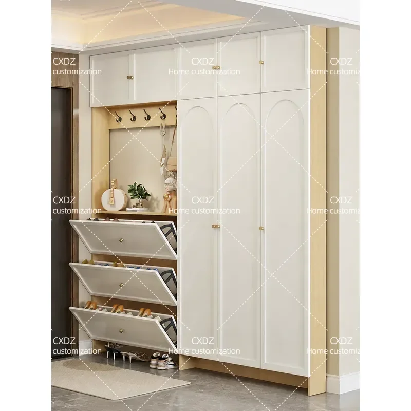 Ultra Thin Wall Mounted Shoe Cabinet with Coat Rack Integrated Entryway Storage Narrow Tipping Bucket Floor to Ceiling Living