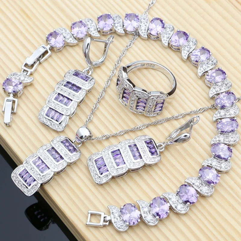 925 Sterling Silver Bride Jewelry Sets Purple Amethyst with Crystal Earrings Stone Geometric Necklace Set Dropshipping