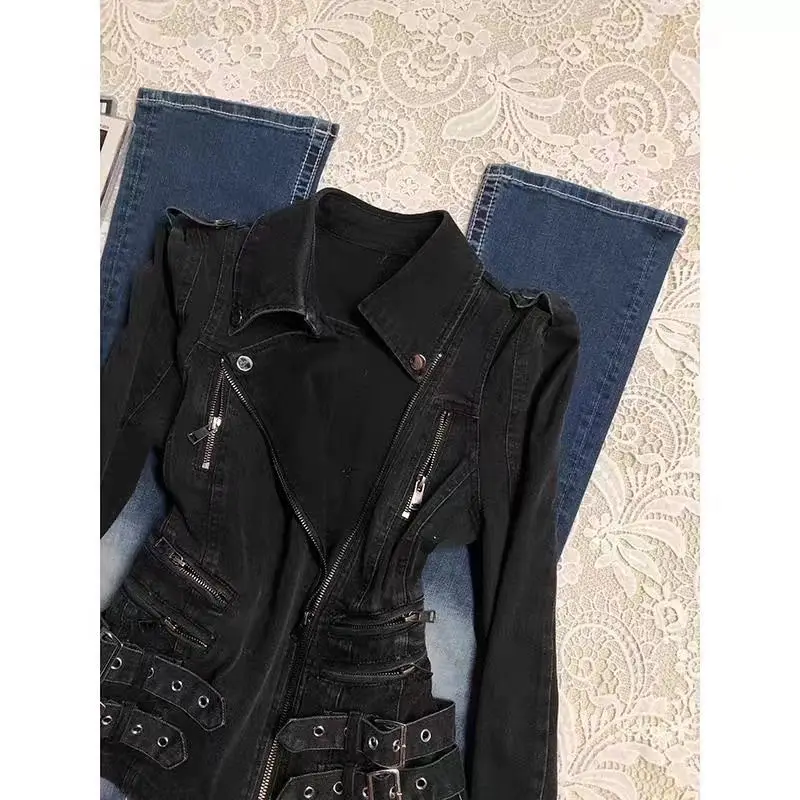 

Gothic Black Slim Double Zipper Hoodie Women's Y2K American Retro Fashion Slim Fit Oversized Cuffs Casual Motorcycle Jacket