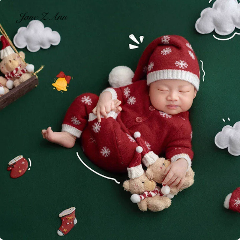 

Christmas Newborn photography outfit set red snowflake romper hat with big pom baby photo props xmas infant studio costume