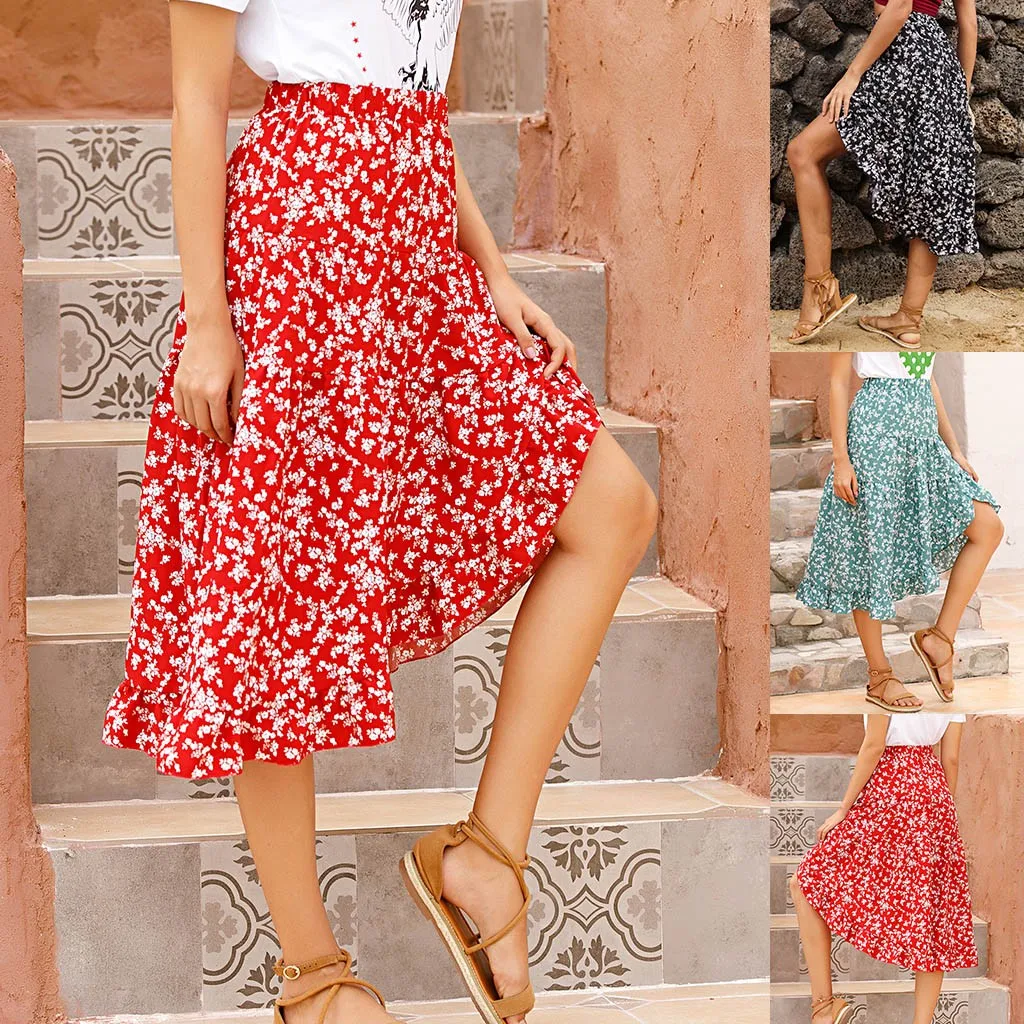 

Lace-Up High Waist Floral Print Skirt For Women 2023 Summer Beach Boho Irregular A Line Casual Fairycore Midi Skirts Female