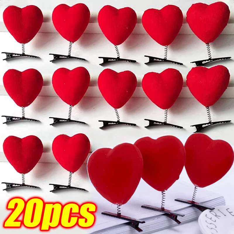 5/20Pcs Flocked Red Heart Hair Clips Women Valentine's Day Funny Coil Spring Mini Duck Bill Hairpin Children Hair Barrettes Gift