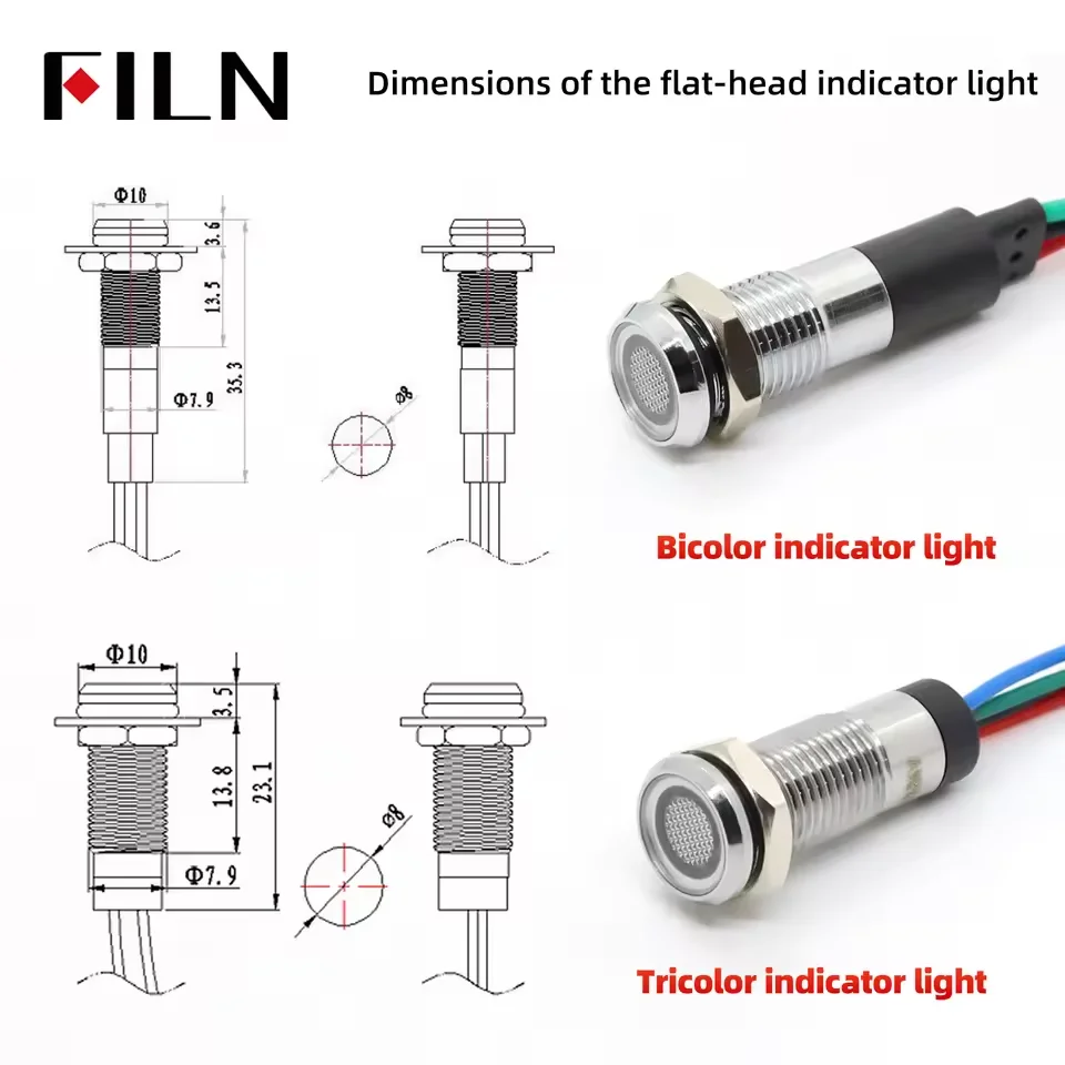 FILN 8mm bicolor tricolor Red Green Blue Yellow 12V 24V Metal Indicator Light led indicator light with 20cm cable