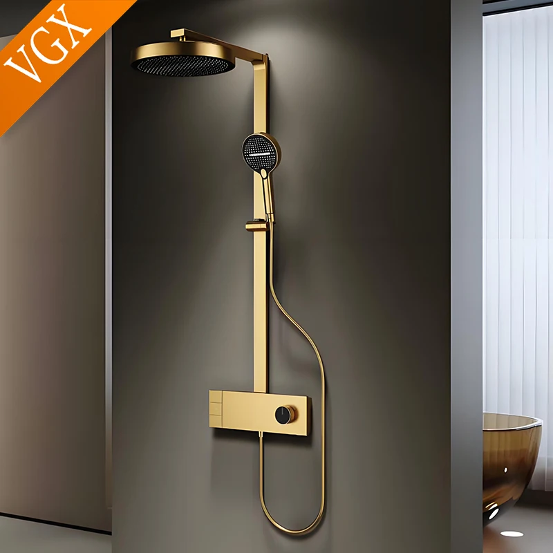 VGX Gold Bathroom Shower System Set Luxury Rose Gold Shower Faucet Set Brass Rainfall Shower Head Set Grey Shower Mixer Set