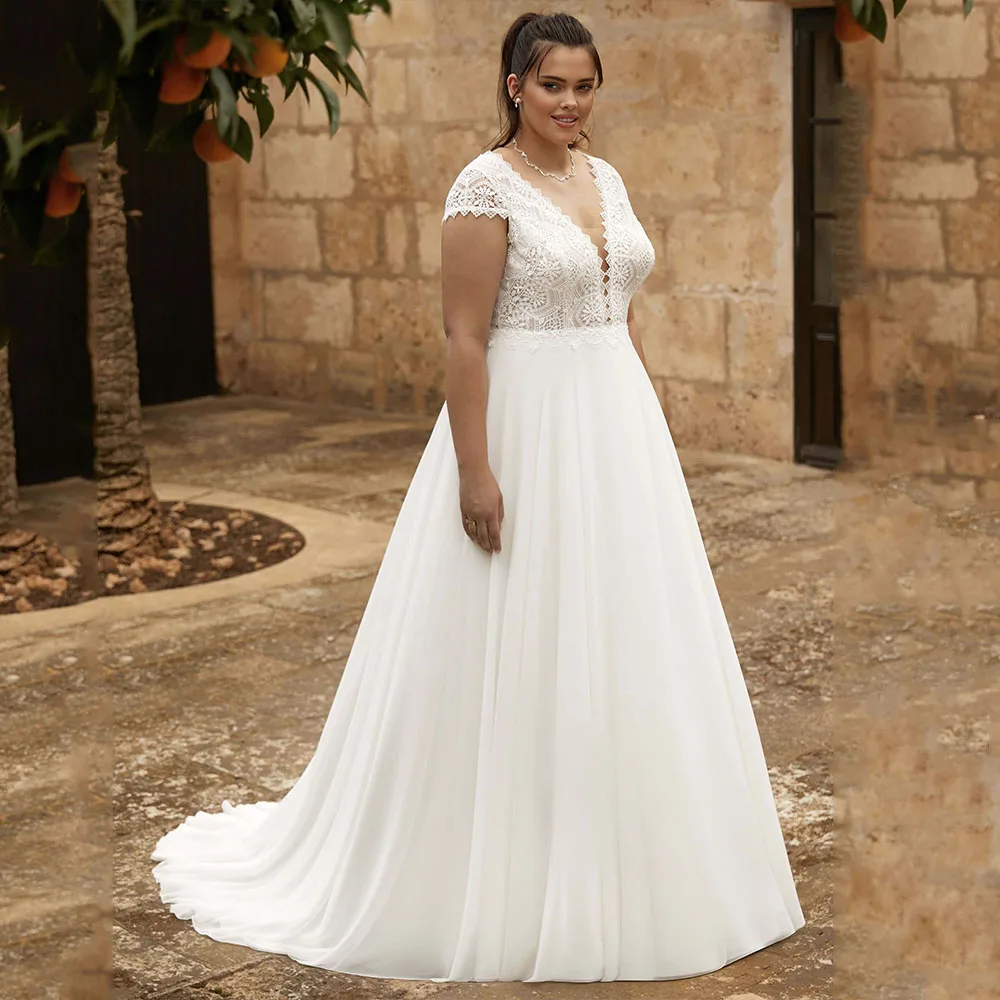 Customized Lace Wedding Dresses Plus Size V Neck Short Sleeves Backless Bride Gowns Sweep Train A-Line Chiffon Vestido De Noiva