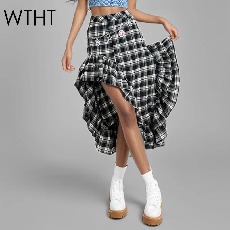 

WTHT New Trendy Women's Ruffled Edge Plaid Knee-length Skirts 2025 Spring Fashion High Waist A-line Cake Skirt Female 1LS1139