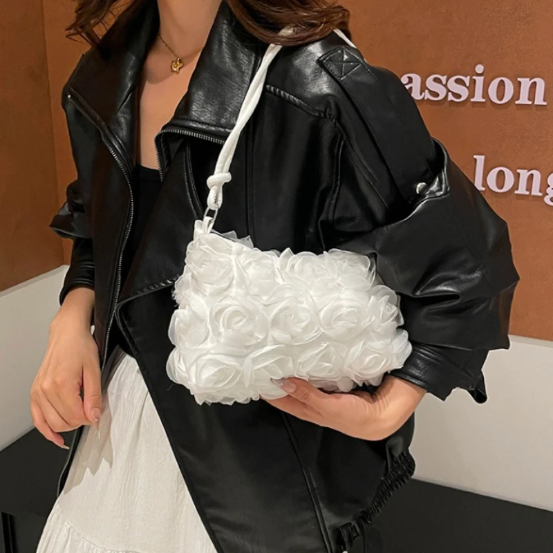 Fashion 3D Rose Floral Shoulder Bag for Women, Knotted Adjustable Top Handle,Romantic Evening Handbag for Wedding Underarm Bags
