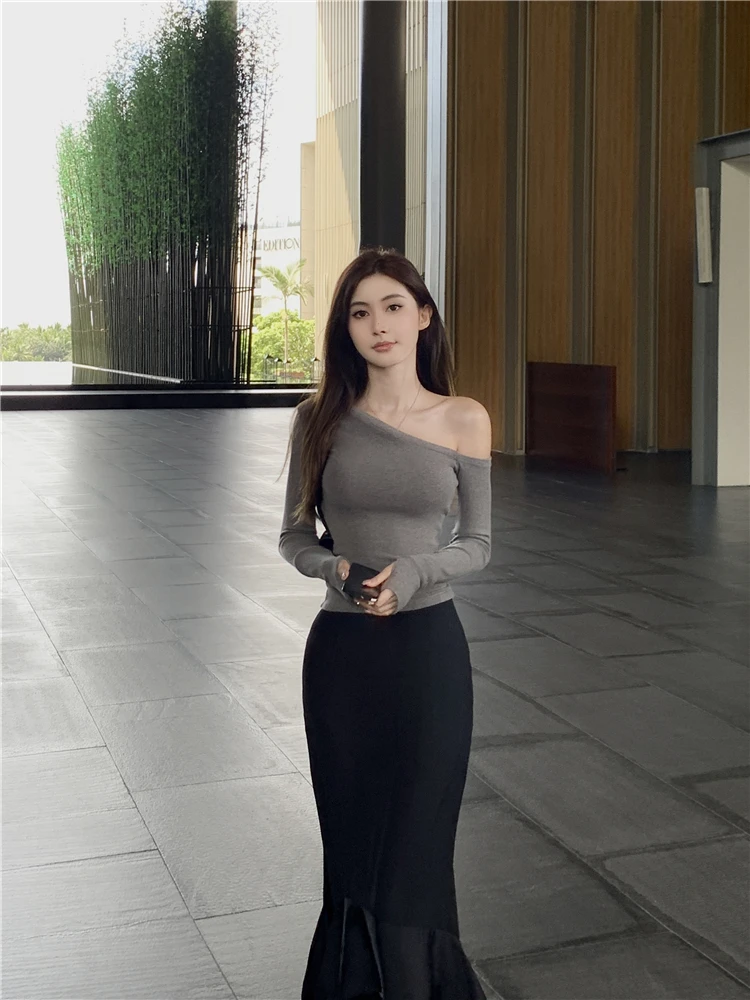 

Сексуальная футболка с открытыми плечами Long Sve, женская облегающая футболка Street Sle, эластичный повседневный топ в толстовке Bla And ey Crew Ne