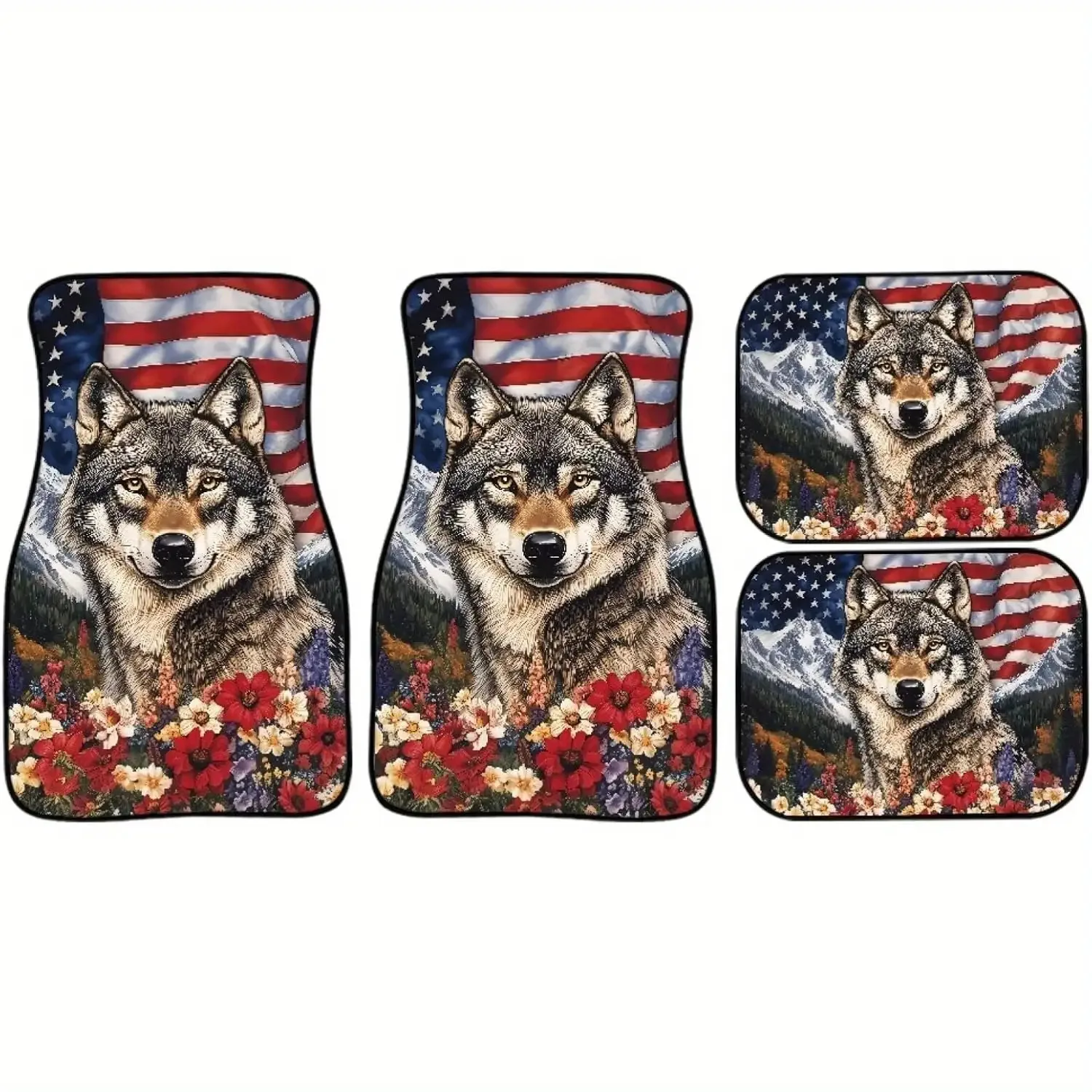 4 Patriotic Gray Wolf And Floral Print Car Mats- Durable All-Weather Waterproof Suitable, Trucks, SUVs- American Design With Sta